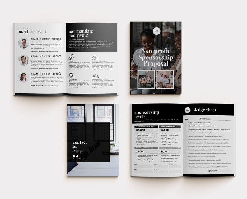 May include: A non-profit sponsorship proposal document set featuring black and white layouts. Pages include a team member list, mandate and giving guidelines, sponsorship levels with dollar amounts, a pledge sheet, and a contact us page.
