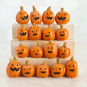 May include: A collection of seventeen small orange pumpkin figurines arranged on a tiered wooden display. Each pumpkin features a carved jack-o'-lantern face with black cutouts for eyes, noses, and jagged mouths, topped with a brown stem.