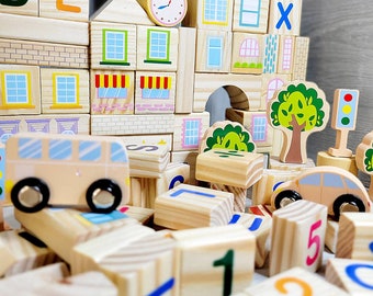 Wooden Building Blocks 128 Pcs, For Boys and Girls
