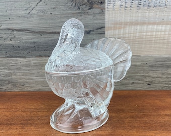 Vintage L.E. Smith Clear Glass Turkey Lidded Candy Dish, Thanksgiving Holiday Vintage Decor
