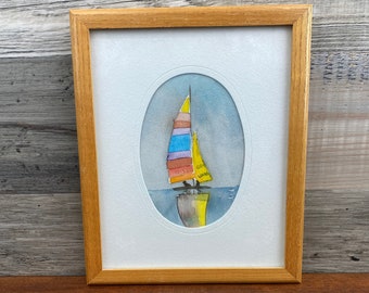 Original Watercolor Painting by Long Island,New York Artist Evelyn H. Lucas, Sailboat and Ocean Painting, Beach Decor