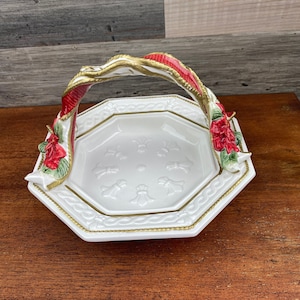 Fitz and Floyd Poinsettia  Basket Dish, Fitz and Floyd Christmas, Poinsettia Santa