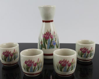 Vintage 5 Piece Japanese Sake Set with Pink and Blue Flowers