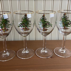 Set of 4 Spode Christmas Tree Wine Glasses with Gold Rim, Spode Christmas, Holiday Stemware