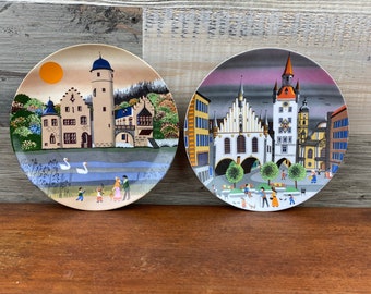 Mid-Century Set of 2 Porcelain Plate by Barbara Fürstenhöfer for Tirschenreuth Germany -  Mespelbrun & Munchen Decorative Plates, Folk Art