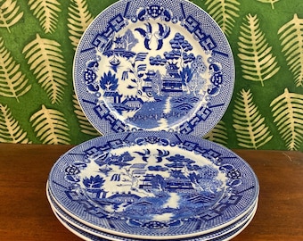 Set van 4 Japanse lunchborden Blue Willow, blauwe en witte chinoiserie-lunchborden