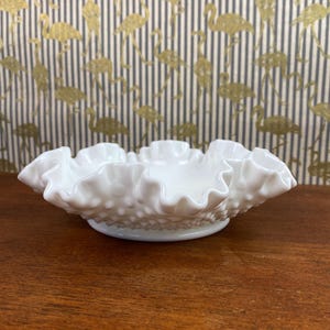 Vintage Fenton White Milk Glass Hobnail Ruffled Candy Dish, Mid-Century Decor, Fenton Glass