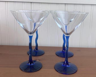 Set of 4 Libbey Courbe Martini Glasses, Cobalt Blue ZigZag Stems