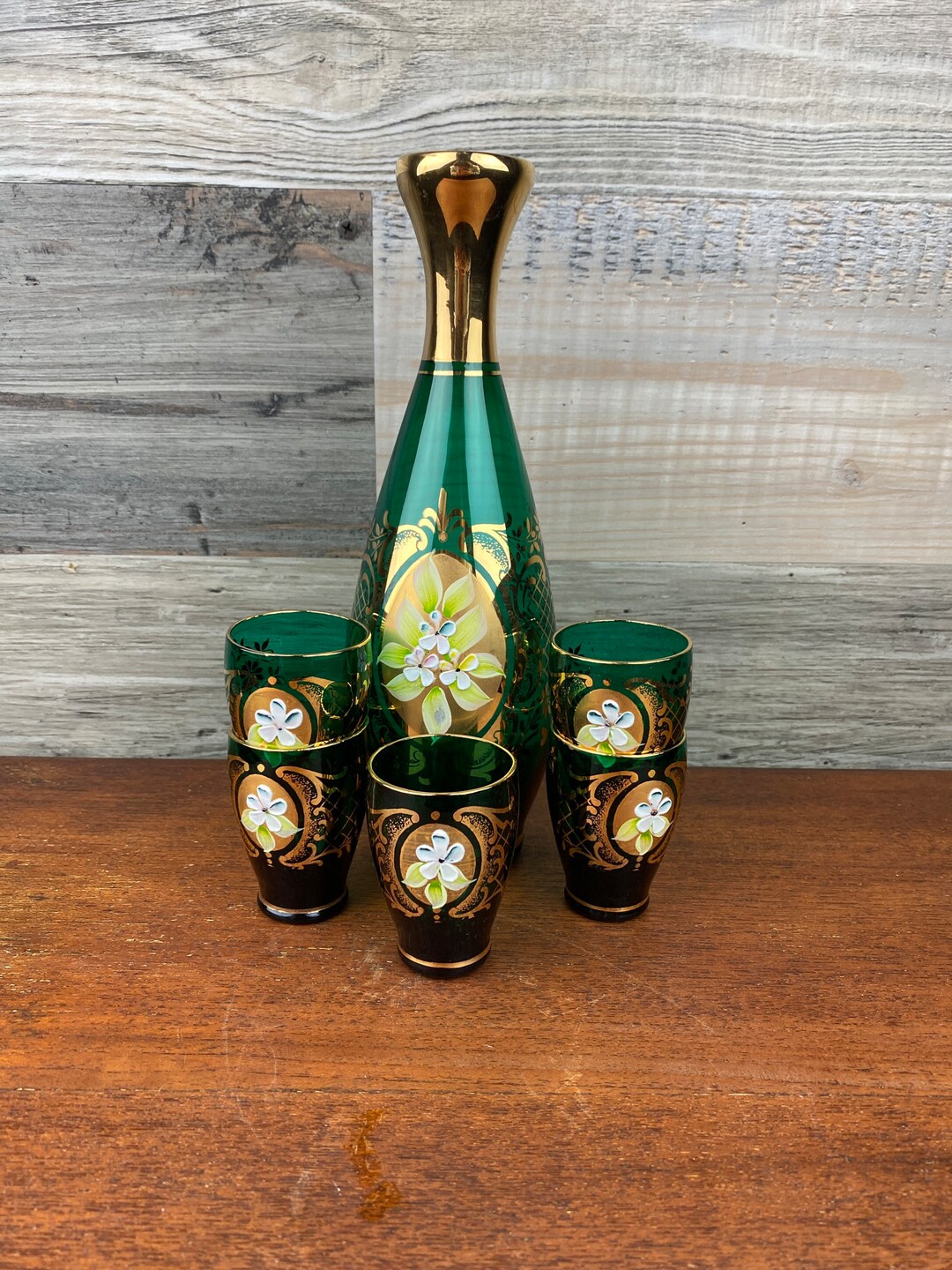 Vintage Czech Bohemian Art Glass Decanter Set Hand Painted Etsy
