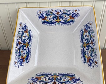 Nova Deruta Ceramica Doubled Dragon Hand Painted Large Square Serving Bowl, Deruta Pottery