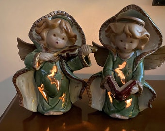 Set of Two Christmas Caroler Angels Ceramic Tealight Candle Holder, Holiday Decoration, Lumimaries Decor