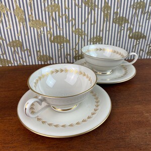 Set of 2 Vintage Society Fine China Cups Saucers, Golden Laurel Leaf Pattern