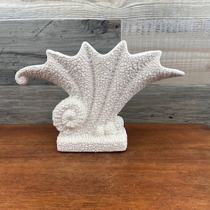 May include: White ceramic vase with a textured surface, shaped like a seashell. The vase has a wide opening and a narrow base.