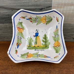 Antique 1920’s Henriot Quimper Breton Woman Square Bowl; Made in France; Hand Painted French Pottery, French Farmhouse Decor. French Country