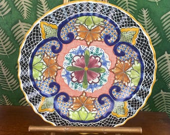 Mexican Talavera Plate - Hand Painted Ceramic Wall Decor - Colorful Scalloped Folk Art Platter, Symmetrical Floral Majolica Pottery