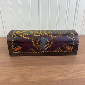 Vintage Handmade Hand-Painted Wood Box, Trinket Wood Box, Folk Art Wooden Box