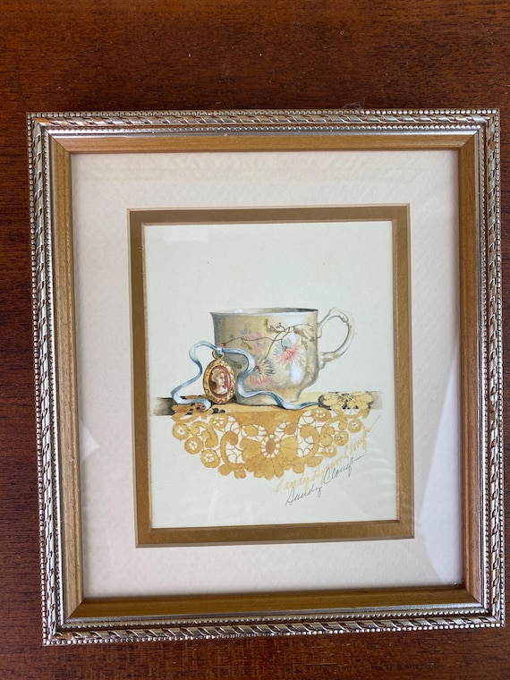 Vintage Framed Teacup Art Prints, Signed Sandy Lynam Clough, Set