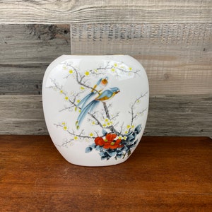 Vintage Oval Japanese Flower Vase | Birds and Cherry Blossom Motif Vase | Japanese Flower Vase | Cherry Blossom Decor |