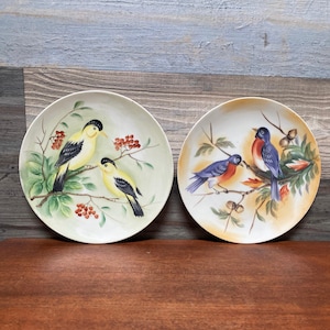 Vintage Lefton handgeschilderde vogelborden: set sialia en distelvink