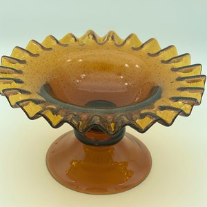 Bol piédestal en verre soufflé à la main espagnol vintage à rayures | Verre ambré |