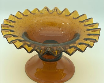 Vintage Hand-blown Spanish Art Glass Riffled Pedestal Bowl, Amber Glass with Bubbles