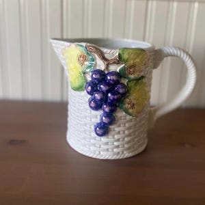 Vintage Fitz & Floyd Grapes and Leaves Basket Weave Ironstone Pitcher, Fitz and Floyd Harvest , Sonoma Vineyard Fitz and Floyd Pitcher