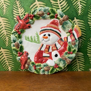 Vintage Fitz and Floyd Woodland Snowman Christmas Decorative Plate, Fitz and Floyd Christmas