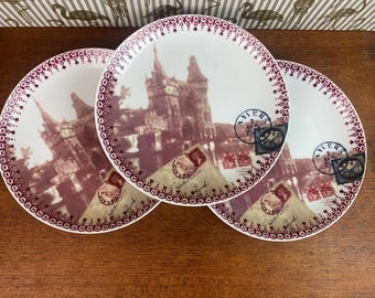Set of 3  Anthropologie European Castle Postmark Stamp Dessert Plate
