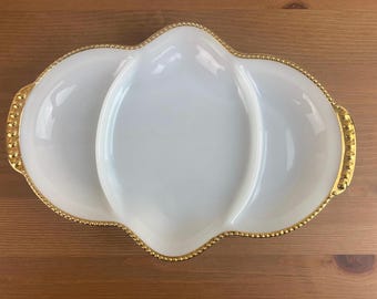 Vintage Fire King Milk Glass Relish Dish: Anchor Hocking Gold Trim