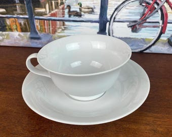 Pottery Barn PB White Porcelain Footed Cups and Saucer, Classic White China