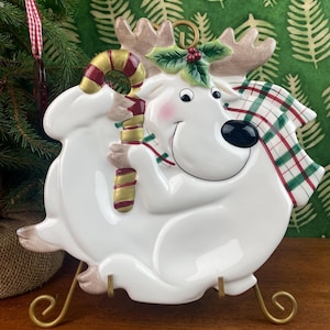 Fitz and Floyd Plaid Christmas Reindeer Canape Plate, Fitz and Floyd Christmas