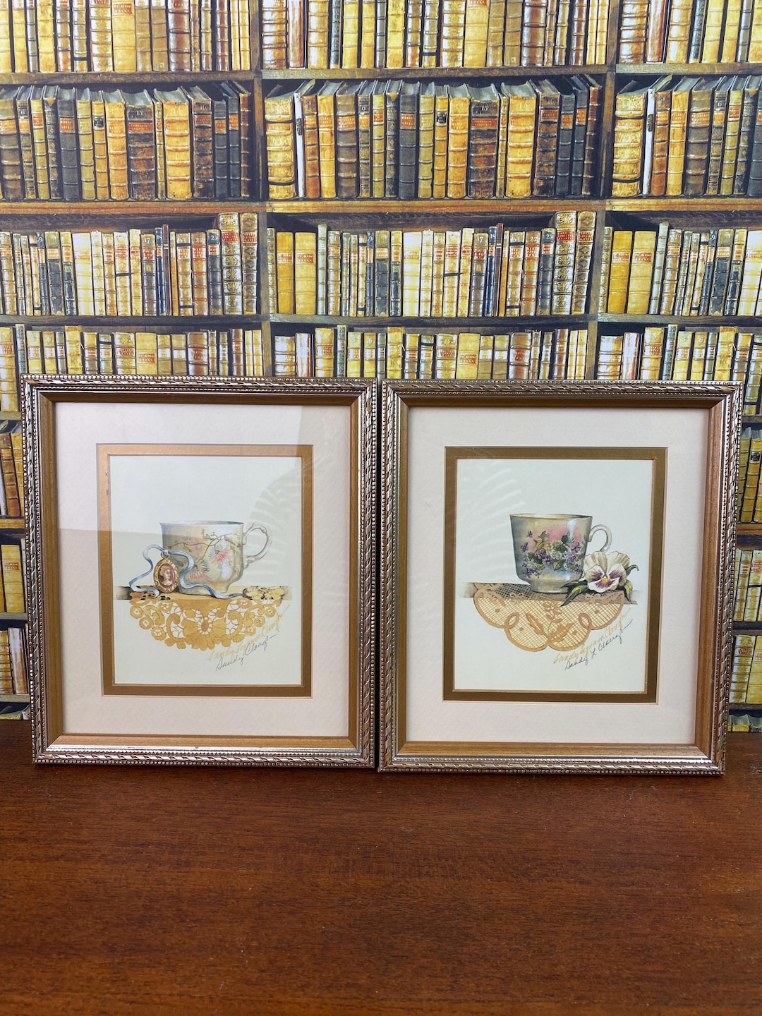 Vintage Framed Teacup Art Prints, Signed Sandy Lynam Clough, Set