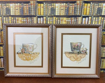 Vintage Framed Teapot Art by Artist Sandy Lynam Clough, Vintage