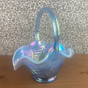 Fenton Iridescent Blue Glass Basket with Original Tag, Fenton Glass,  Free Shipping