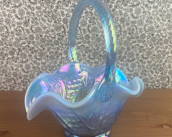 Cestino in vetro blu iridescente Fenton con etichetta