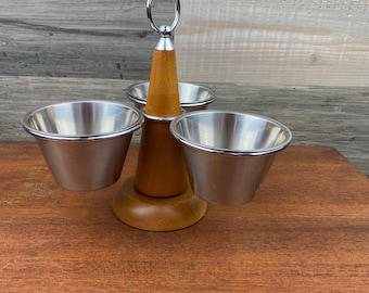 Mid-Century Modern Stako Swedish Condiment Caddy, Lazy Susan, Wood and Stainless Steel Condiment Caddy