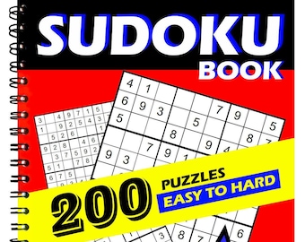 Può includere: Un libro di Sudoku con rilegatura a spirale e copertina rossa che riporta il testo SUDOKU BOOK, 200 PUZZLES EASY TO HARD e 5 LEVELS. La copertina mostra diverse griglie di Sudoku e una stella blu con il testo ANSWER KEYS in giallo.