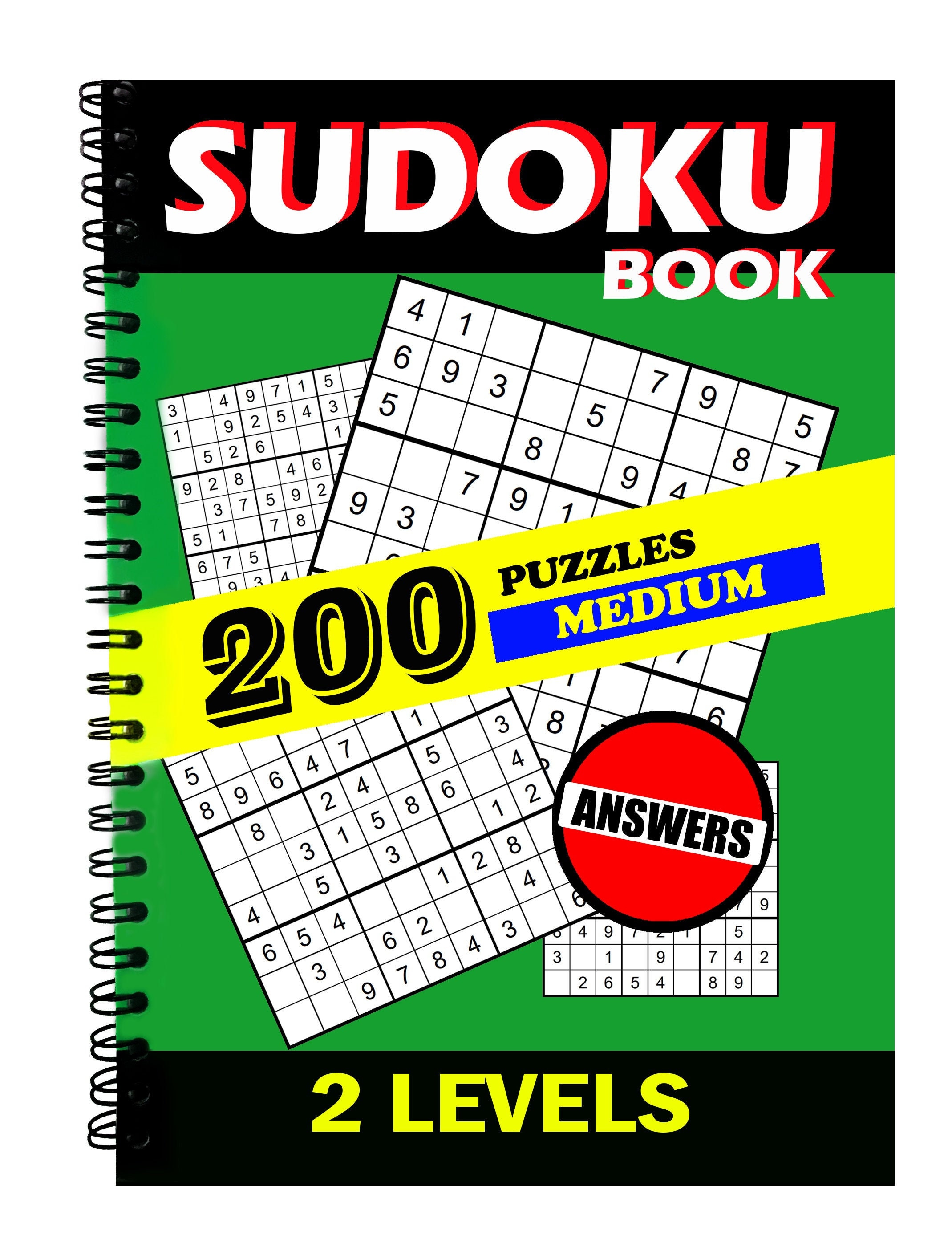 Sudoku book 200 puzzles MEDIUM 2 levels ANSWERS Spiral Binding Etsy