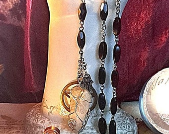 Blessed Mother Onyx Pentagram Rosary, Silver, Bronze, & Natural Quartz