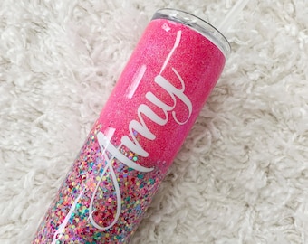 Raspberry Pink Rainbow Confetti Glitter Tumbler