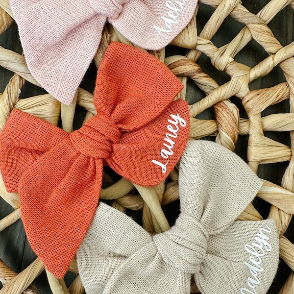 Pinwheel Bows,Linen Bows,Personalized Bows,Classic Bow,Newborn,Baby Bows,Nylon Headband,Clips,Name Bows,Birth Announcement,Going Home Outfit