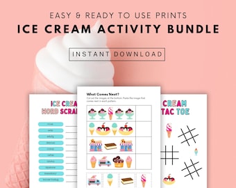 Pacchetto di attività sul gelato per bambini, attività estive stampabili, schede di attività sul gelato, materiale stampabile estivo per bambini
