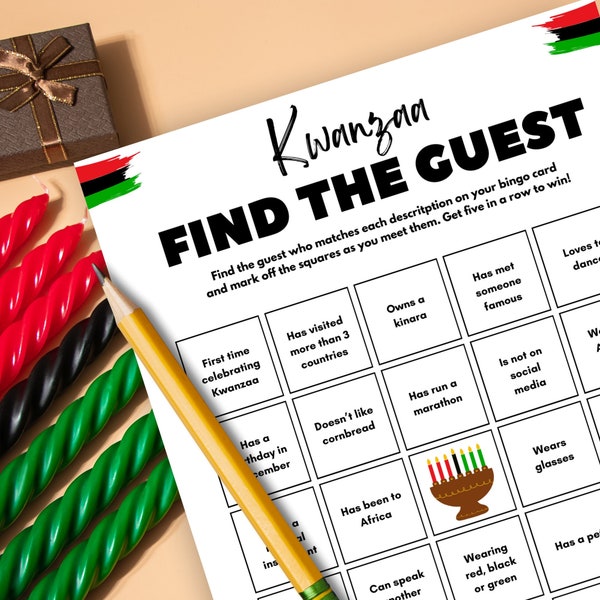 Kwanzaa Find the Guest Bingo Game, Kwanzaa Games, Printable Kwanzaa Party Mix and Mingle Bingo, Kwanzaa Party Games, Kwanzaa Find the Guest