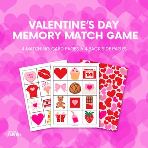 Valentine&#39;s Day Memory Match Game for Kids, Printable Valentine&#39;s Day Activity, Matching Games, Preschool Learning Activity, Valentine Games