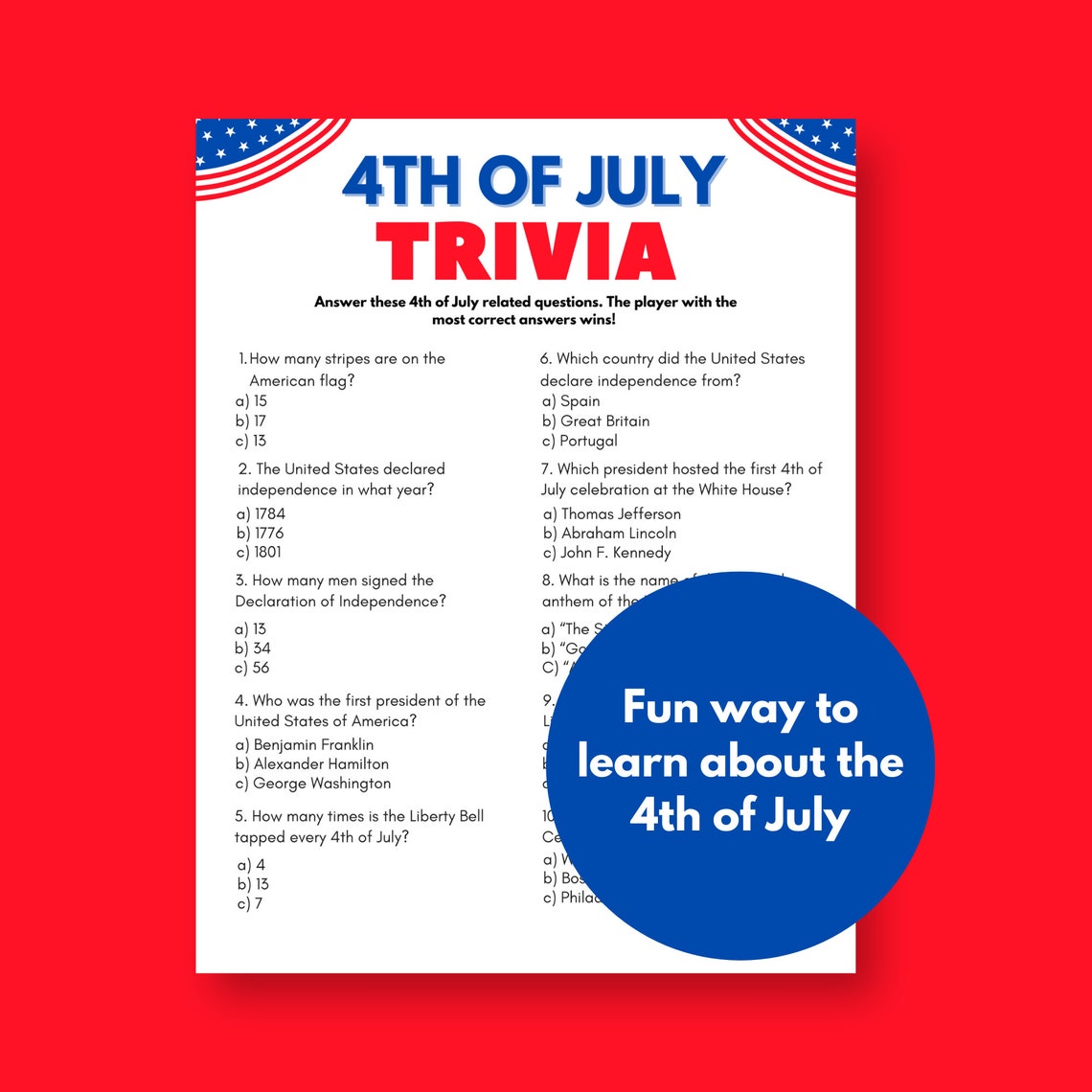 4th of July Trivia Game Bundle: Independence Day Party (printable PDF ...
