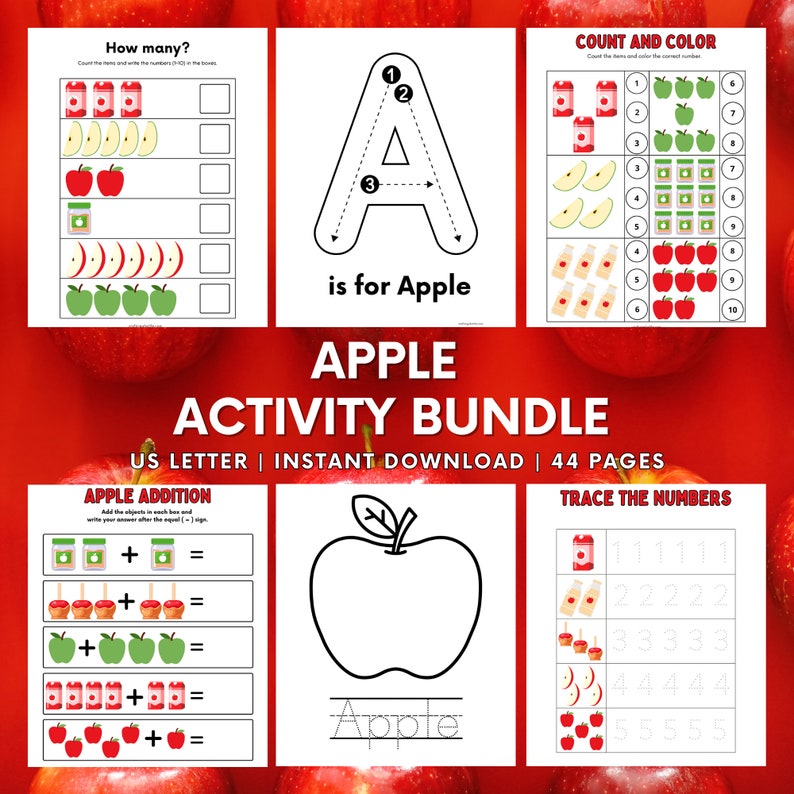 Apple Activity Bundle for Kids, Printable Learning Activity, Apple