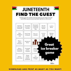 Jogo de Bingo "Encontre o Convidado" do Juneteenth: Quebra-gelo para Festas para Imprimir (PDF)