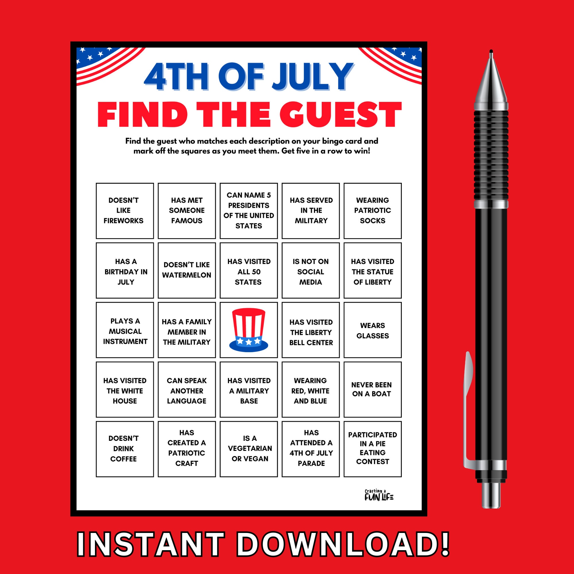 4th of July Find the Guest Bingo Game: Independence Day Party (PDF) - Etsy