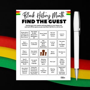 Black History Month Vind de gastbingogame, afdrukbare Black History Month Party Mix en Mingle Bingo, Black History Month-feestspellen