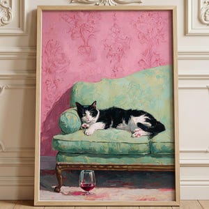 Tuxedo Cat Oil Painting Print | Impressionistic Pet Portrait, Pink Green Sofa Decor
